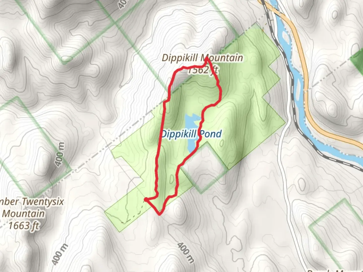 An image depicting the trail Dippikill Mountain and Dippikill Pond Loop Trail and its surrounding area.