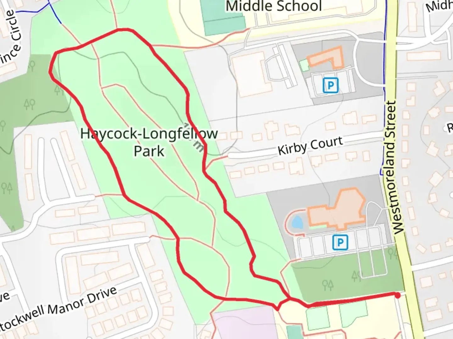An image depicting the trail Haycock-Longfellow Park Loop and its surrounding area.