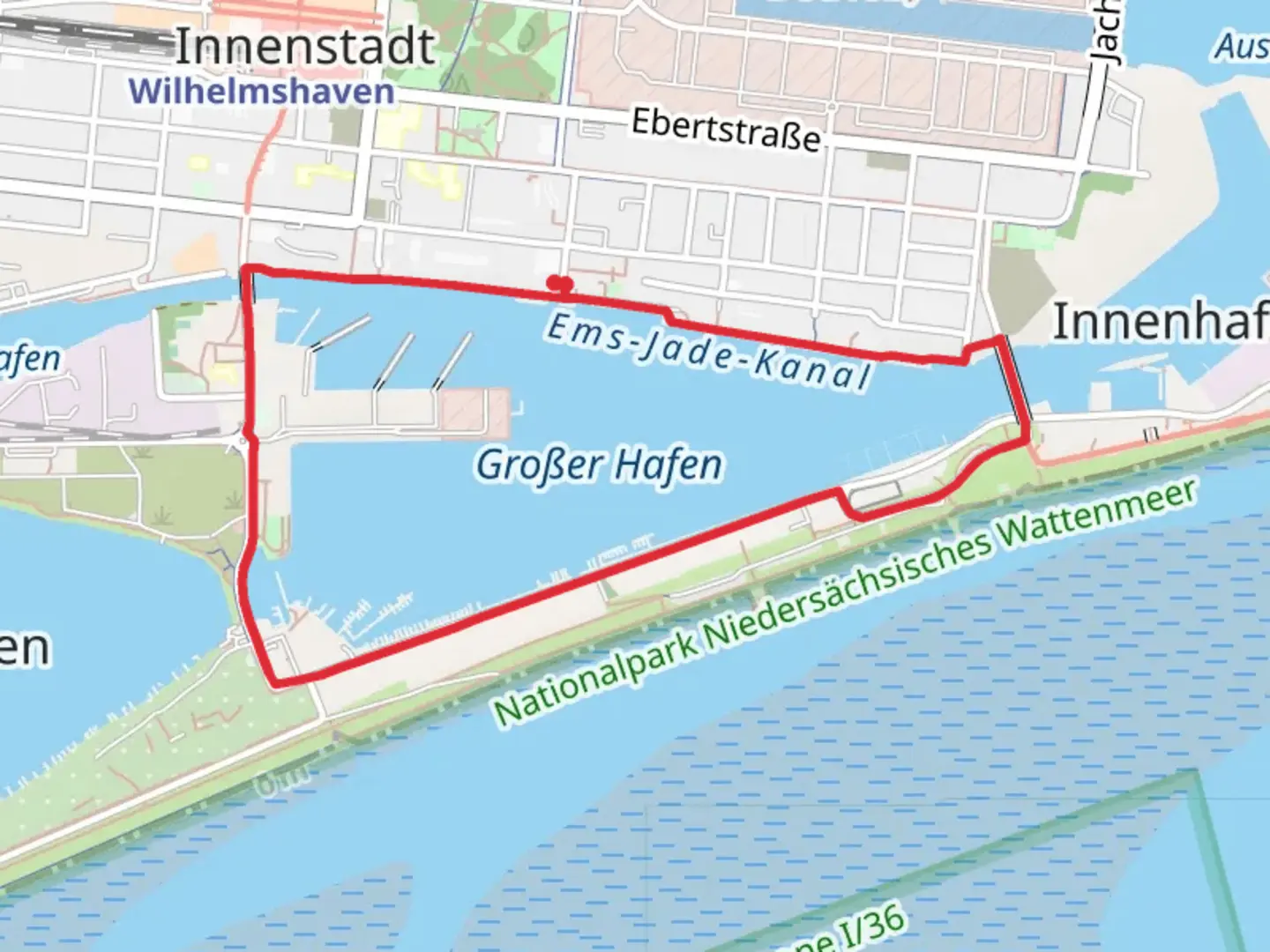An image depicting the trail Großer Hafen Loop via Bonetekai and its surrounding area.