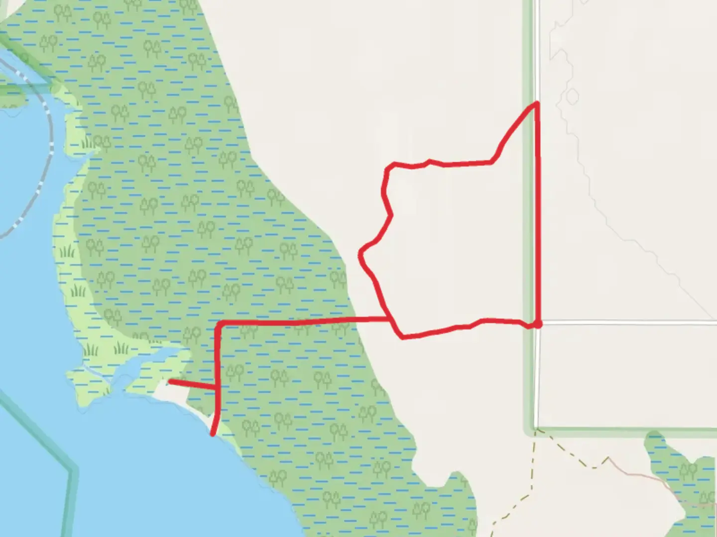 An image depicting the trail Skegemog Lake Wildlife Area North Shore Loop and its surrounding area.