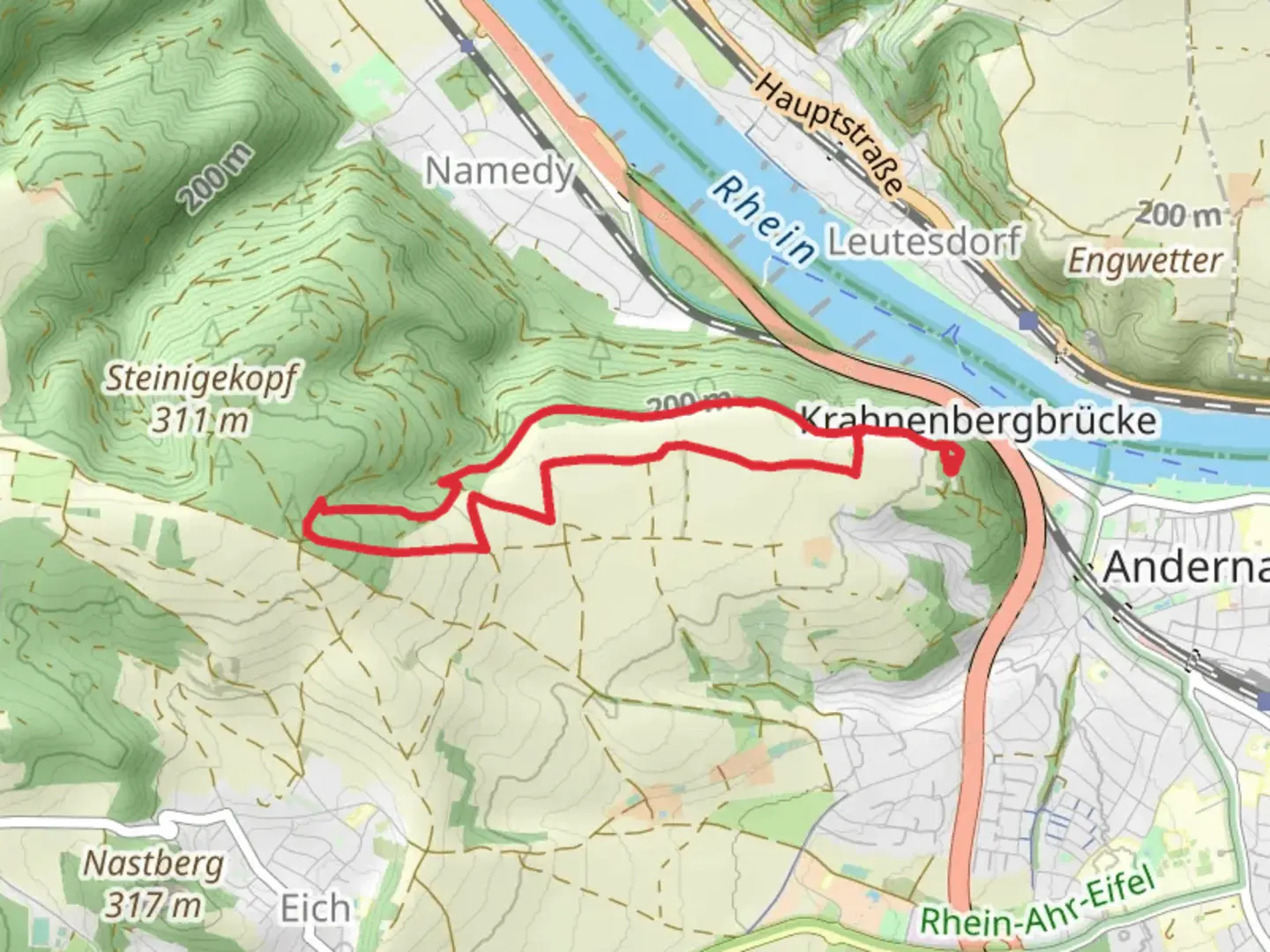 An image depicting the trail Krahnenberg and Kleiner Stern Loop and its surrounding area.