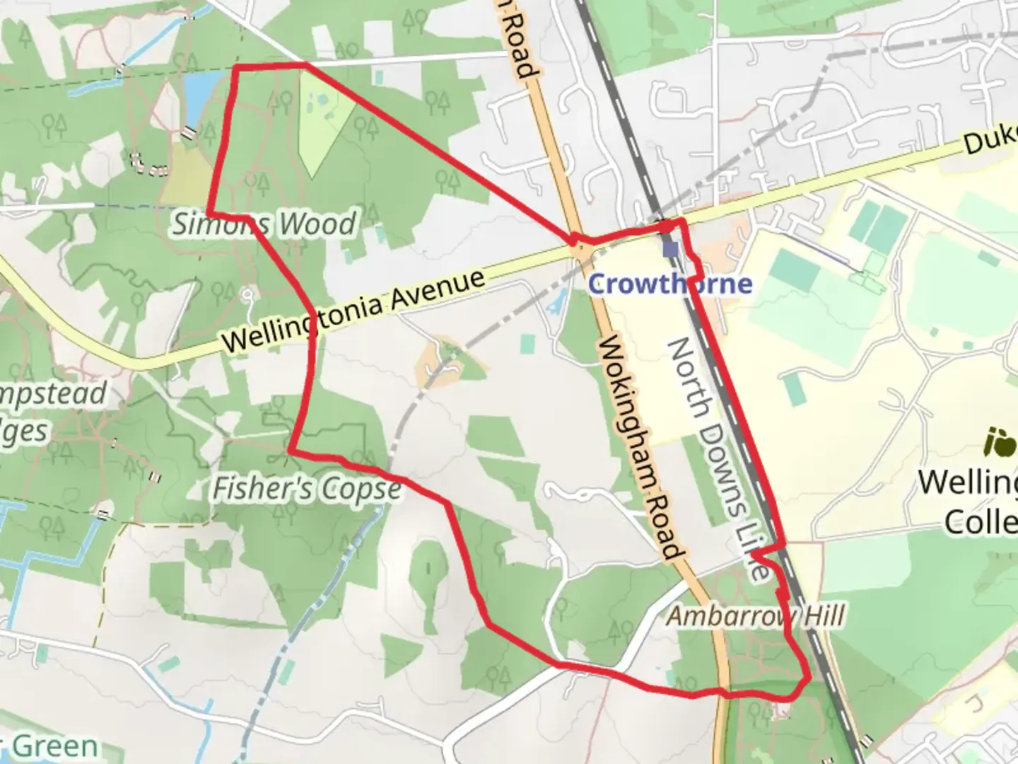 An image depicting the trail Crowthorne Loop and its surrounding area.