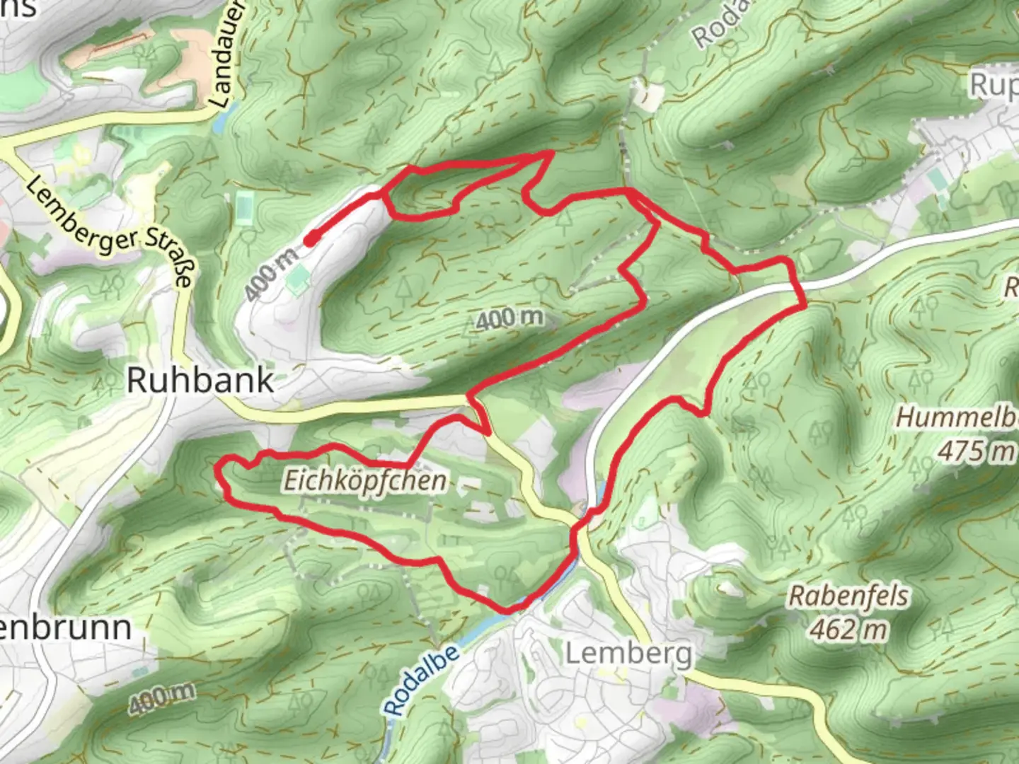An image depicting the trail Lemberger Weiher Loop via Arius Tour and Felsenwaldtour and its surrounding area.