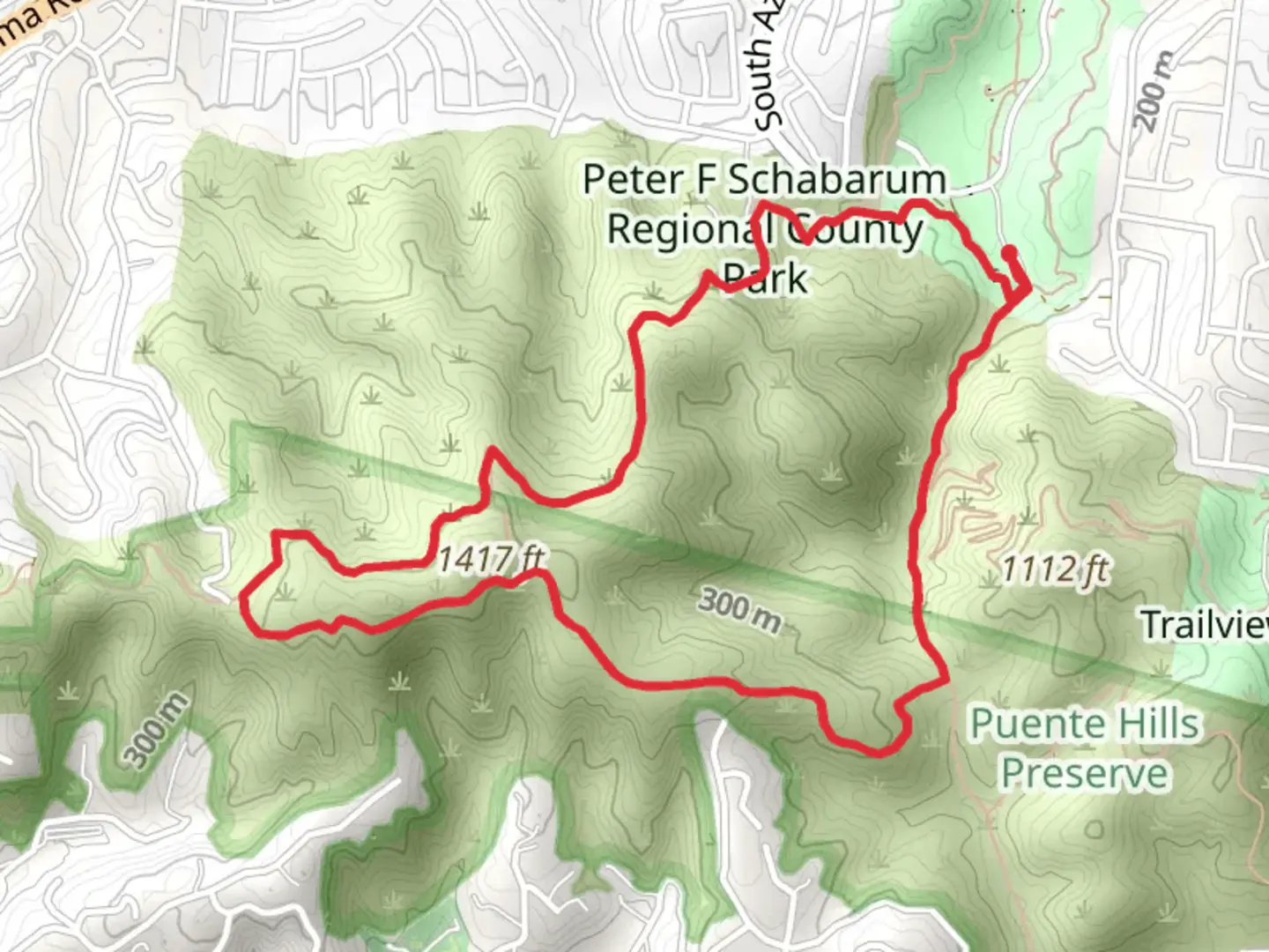 An image depicting the trail Schabarum and Purple Sage Loop Trail and its surrounding area.