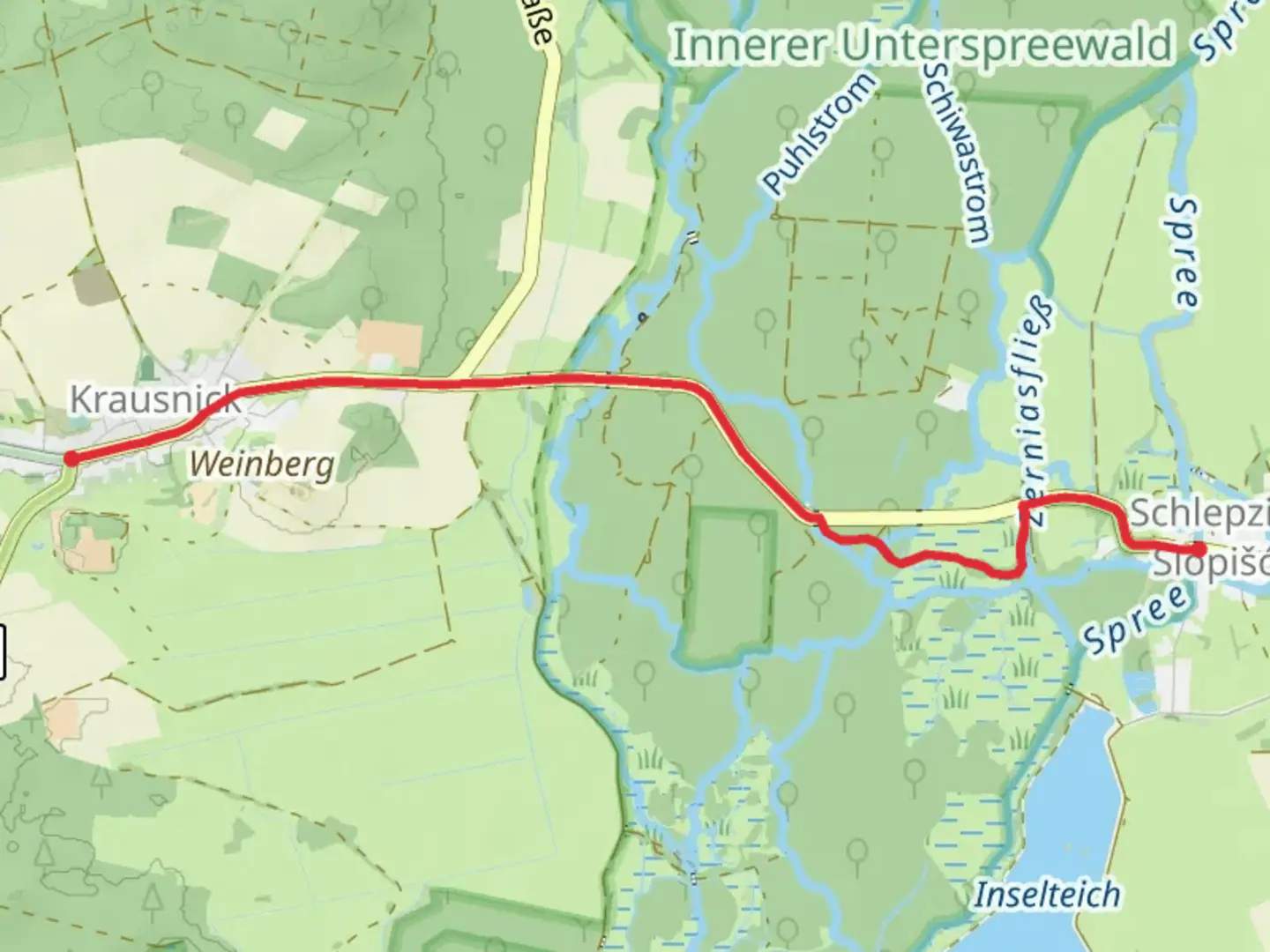 An image depicting the trail Naturlehrpfad Buchenhain and Krausnik-Schlepzig and its surrounding area.