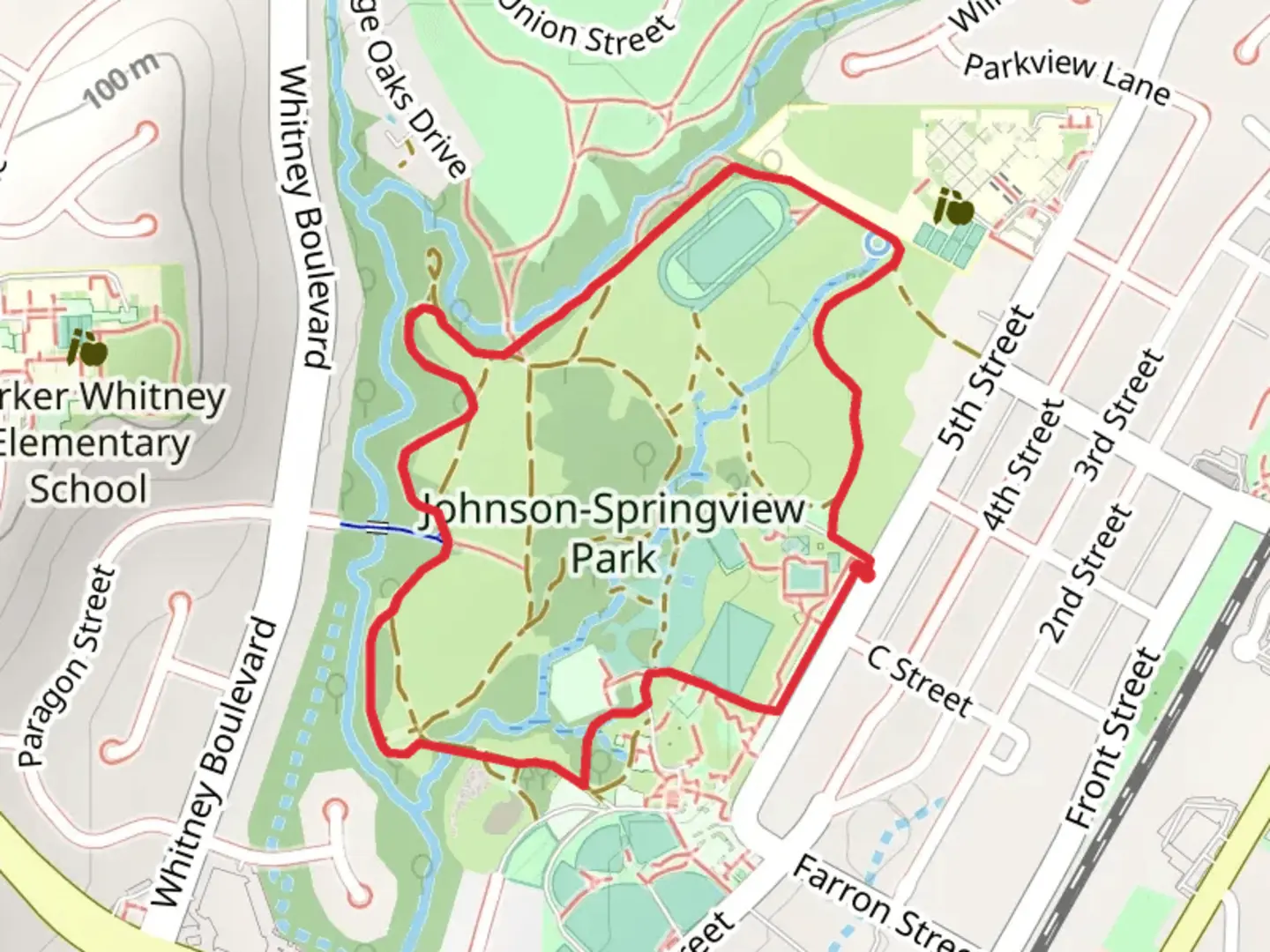 An image depicting the trail Johnson Springview Park Loop and its surrounding area.