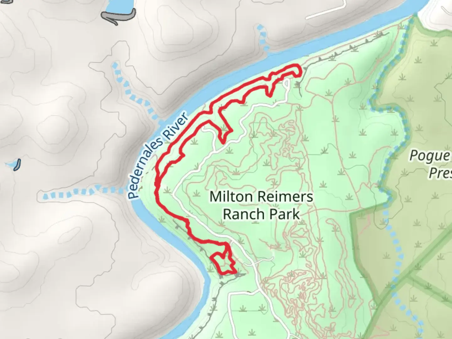 An image depicting the trail Pedernales River Shore Loop from Milton Reimers Ranch Park and its surrounding area.