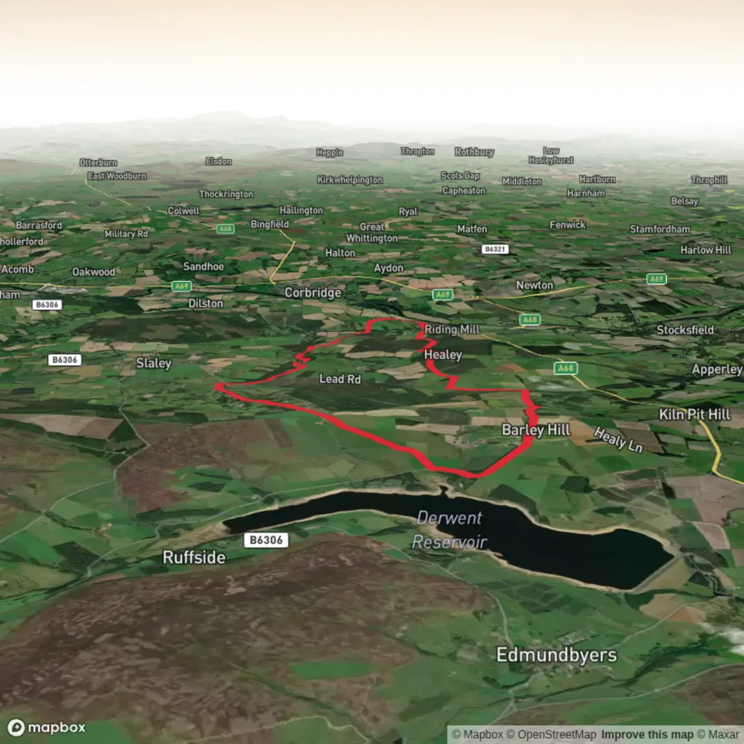 An image depicting the trail Riding Mill to Derwent Water and its surrounding area.