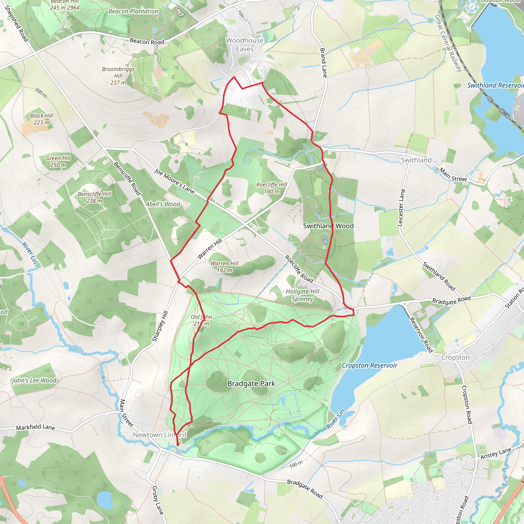 Newtown Linford and Woodhouse Eaves Loop via Swithland Wood mobile static map