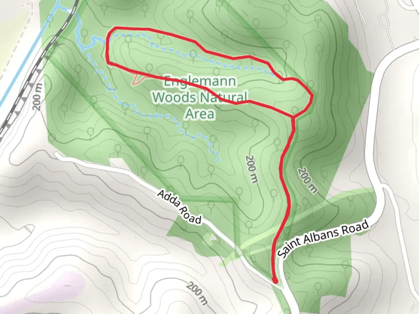 An image depicting the trail Englemann Woods Natural Area Loop and its surrounding area.