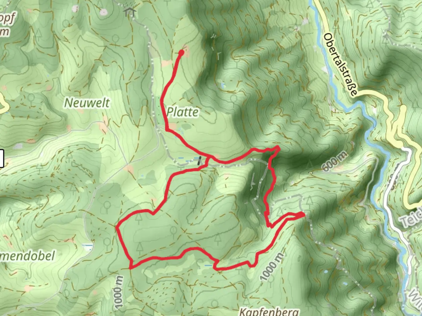 An image depicting the trail Hirschbach via Jockenhof and Bannwald Zweribach and its surrounding area.