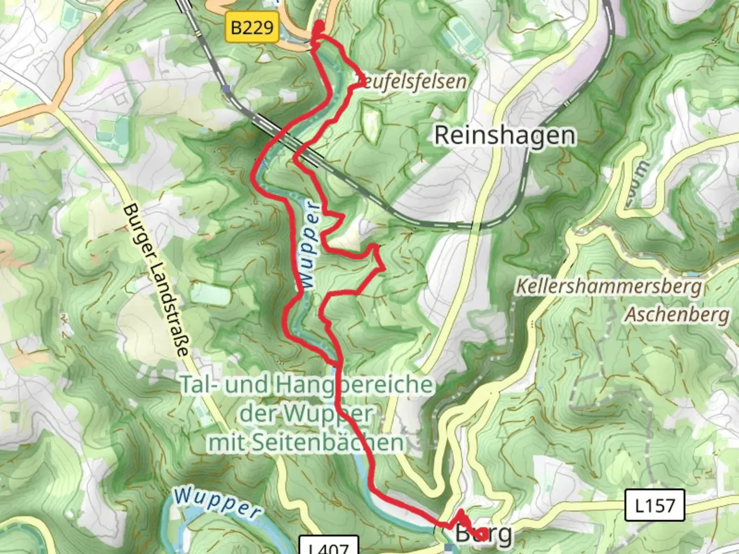 An image depicting the trail Wupper via Roentgenweg R and Erlebnisweg Wupper and its surrounding area.