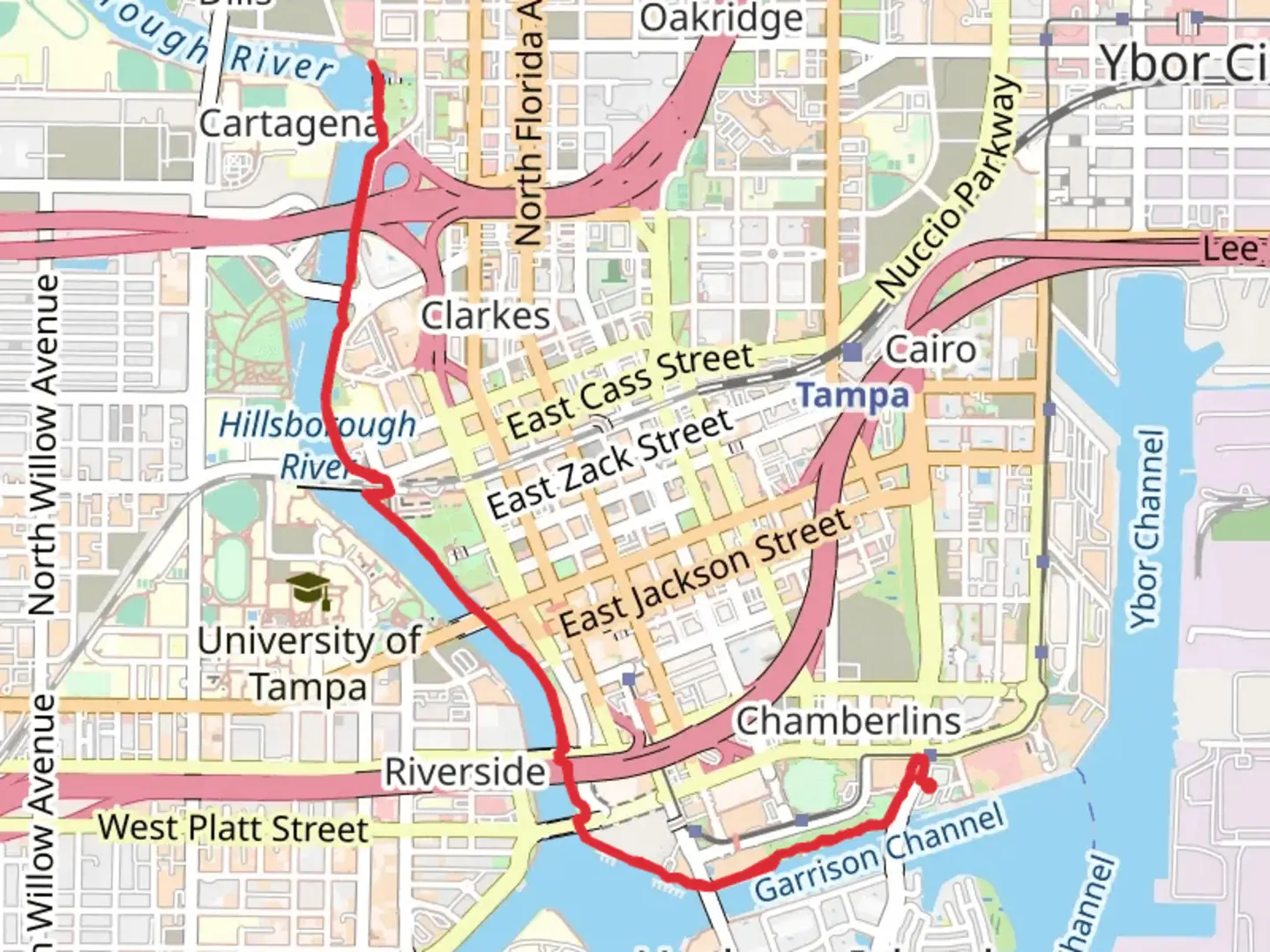 An image depicting the trail Tampa Riverwalk and its surrounding area.