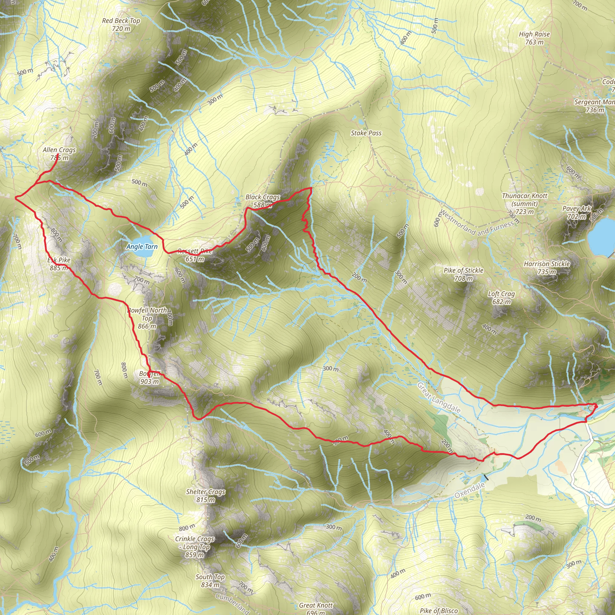 Bowfell, Esk Pike, Allen Crags and Rossett Pike Loop mobile static map