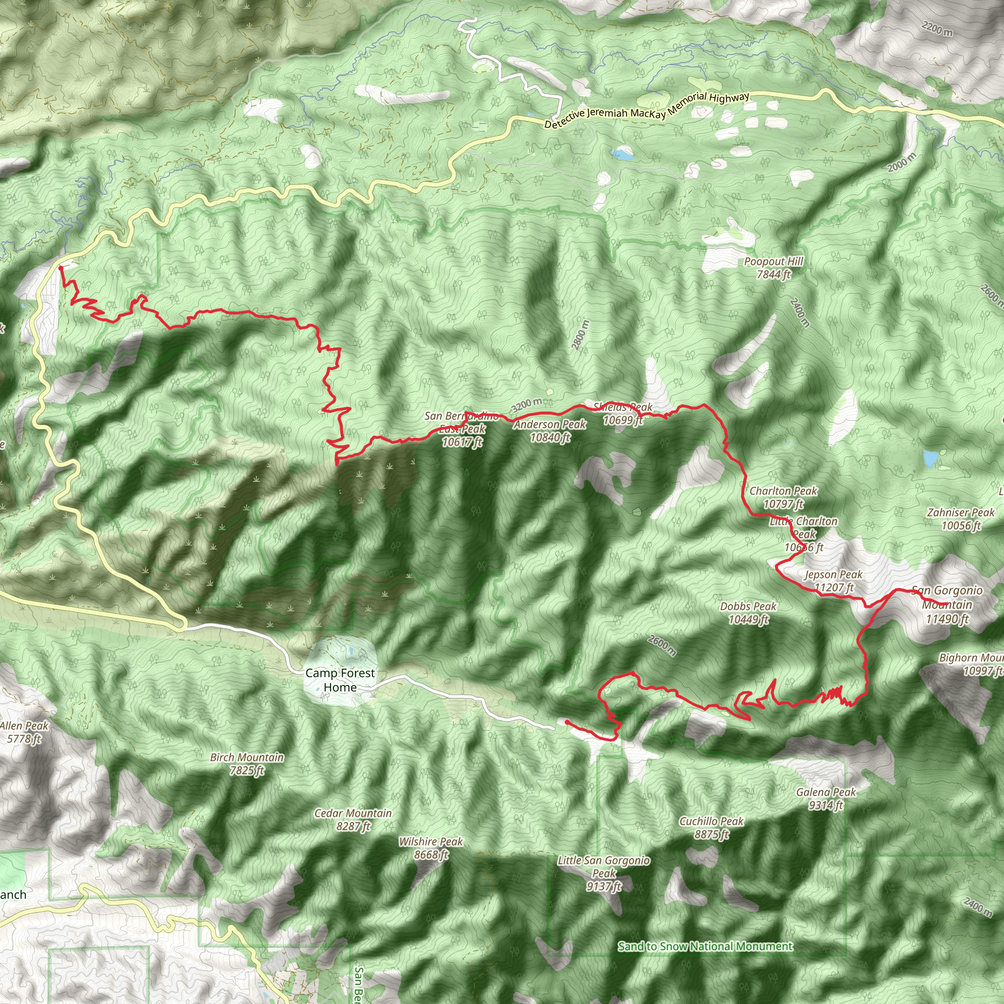 Angelus Oaks to Forest Falls via San Bernardino Peak Trail mobile static map