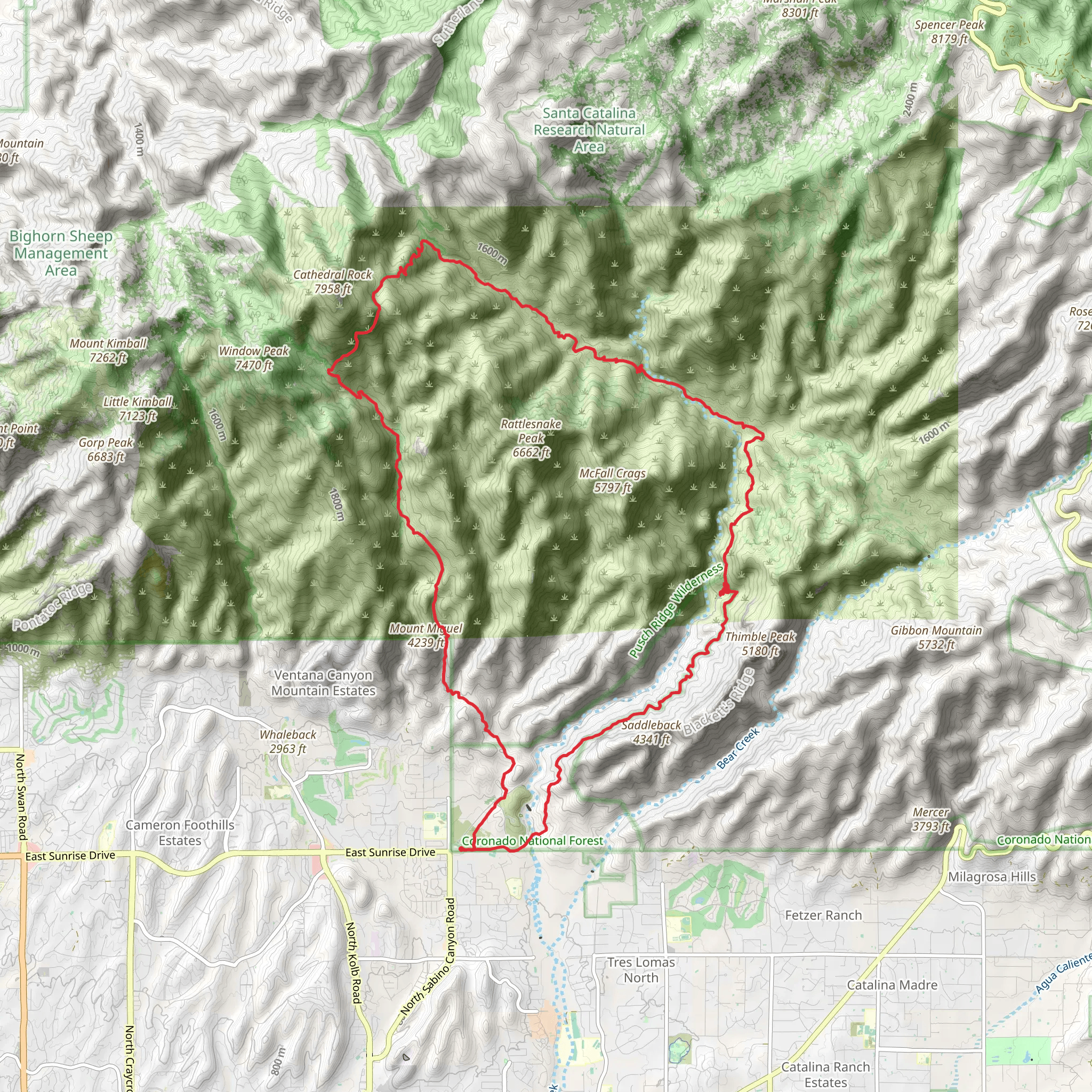 Esperero, Cathedral Rock and Sabino Canyon Loop Trail mobile static map