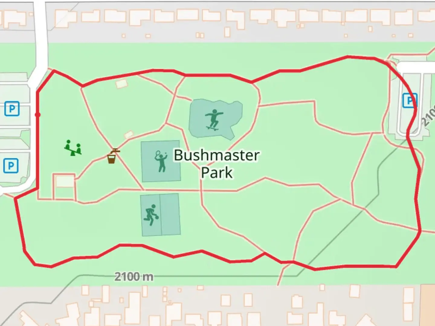 An image depicting the trail Bushmaster Park Loop and its surrounding area.