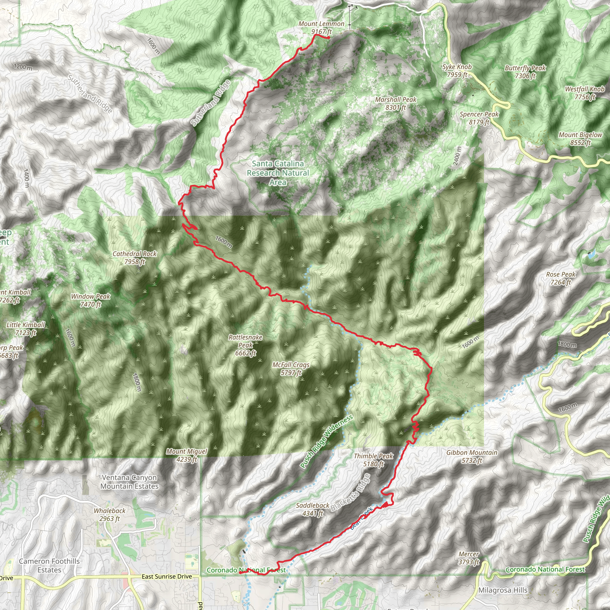 Bear Canyon and Mount Lemmon Trail mobile static map