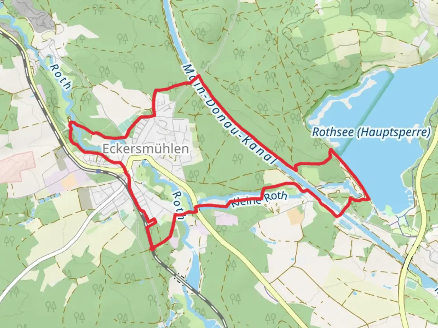 An image depicting the trail Main-Donau-Kanal via Der Seenlaender and its surrounding area.