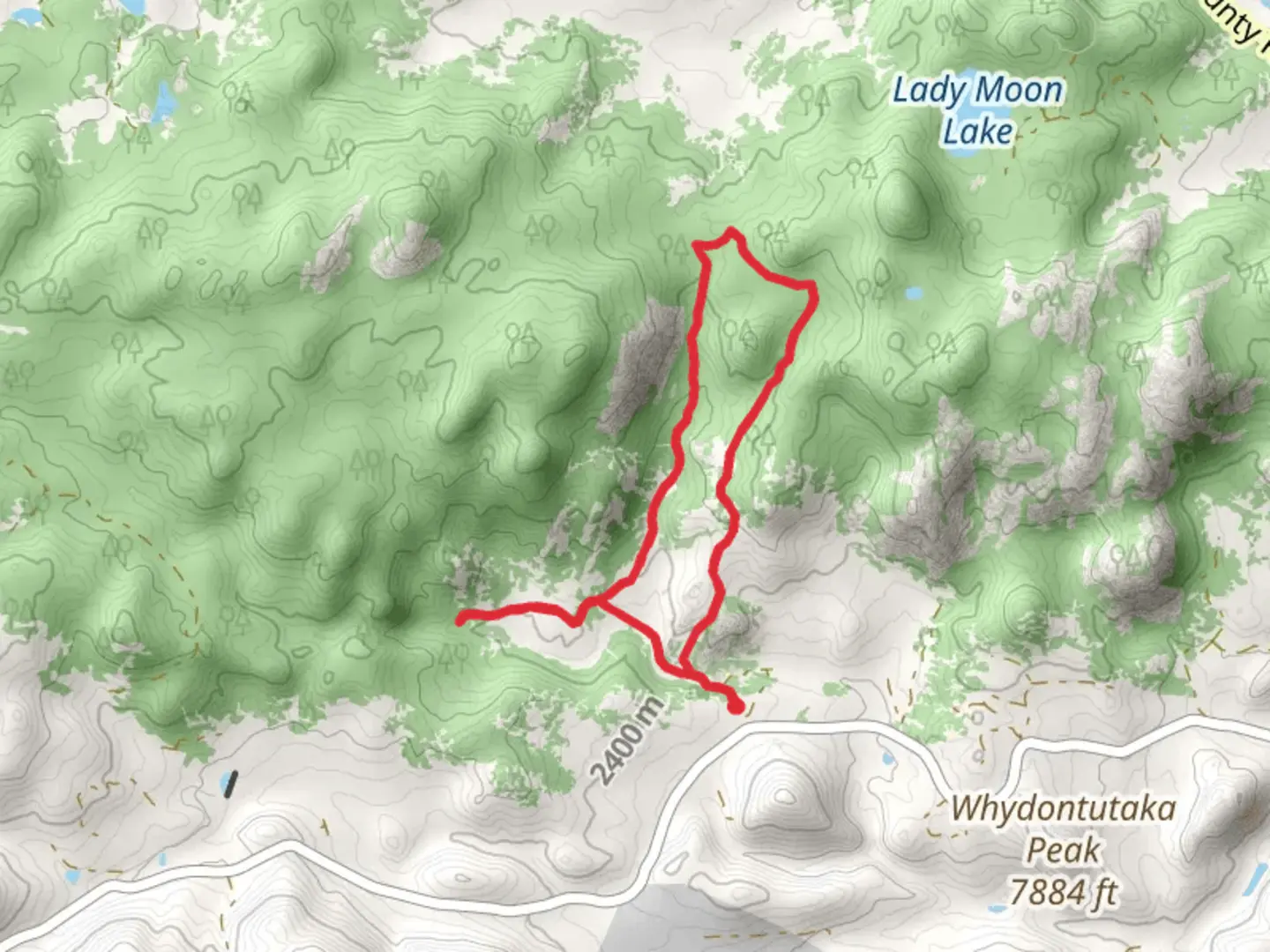 An image depicting the trail Molly Lake Road, Granite Ridge and Lady Moon Loop Trail and its surrounding area.