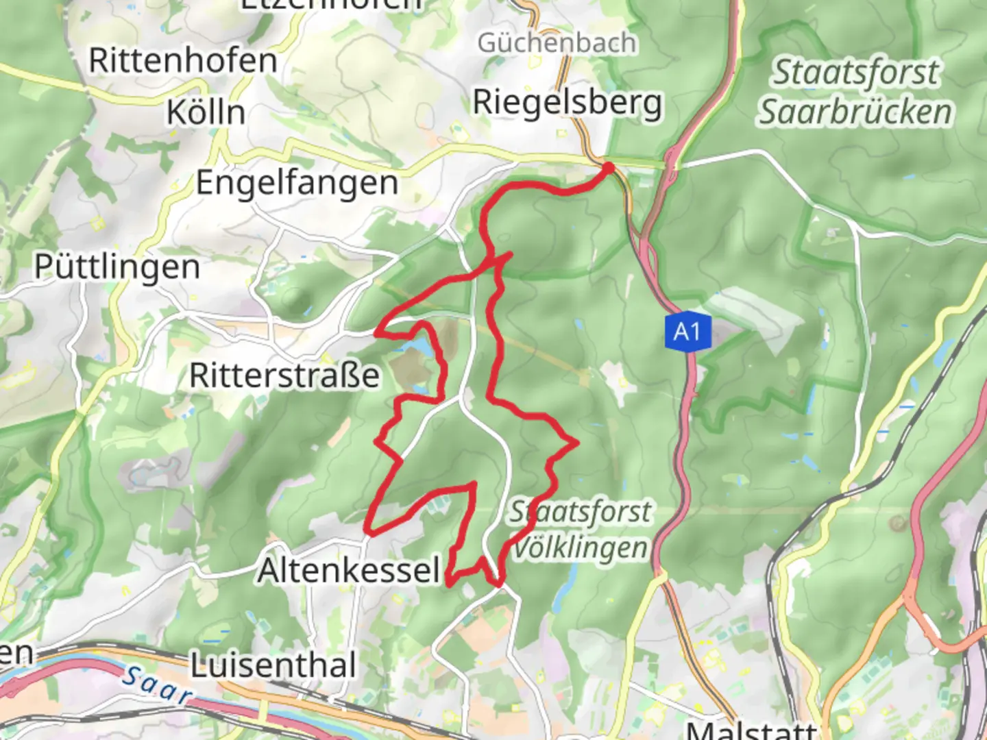 An image depicting the trail Kollertaler Wald and Altenkessel Loop and its surrounding area.