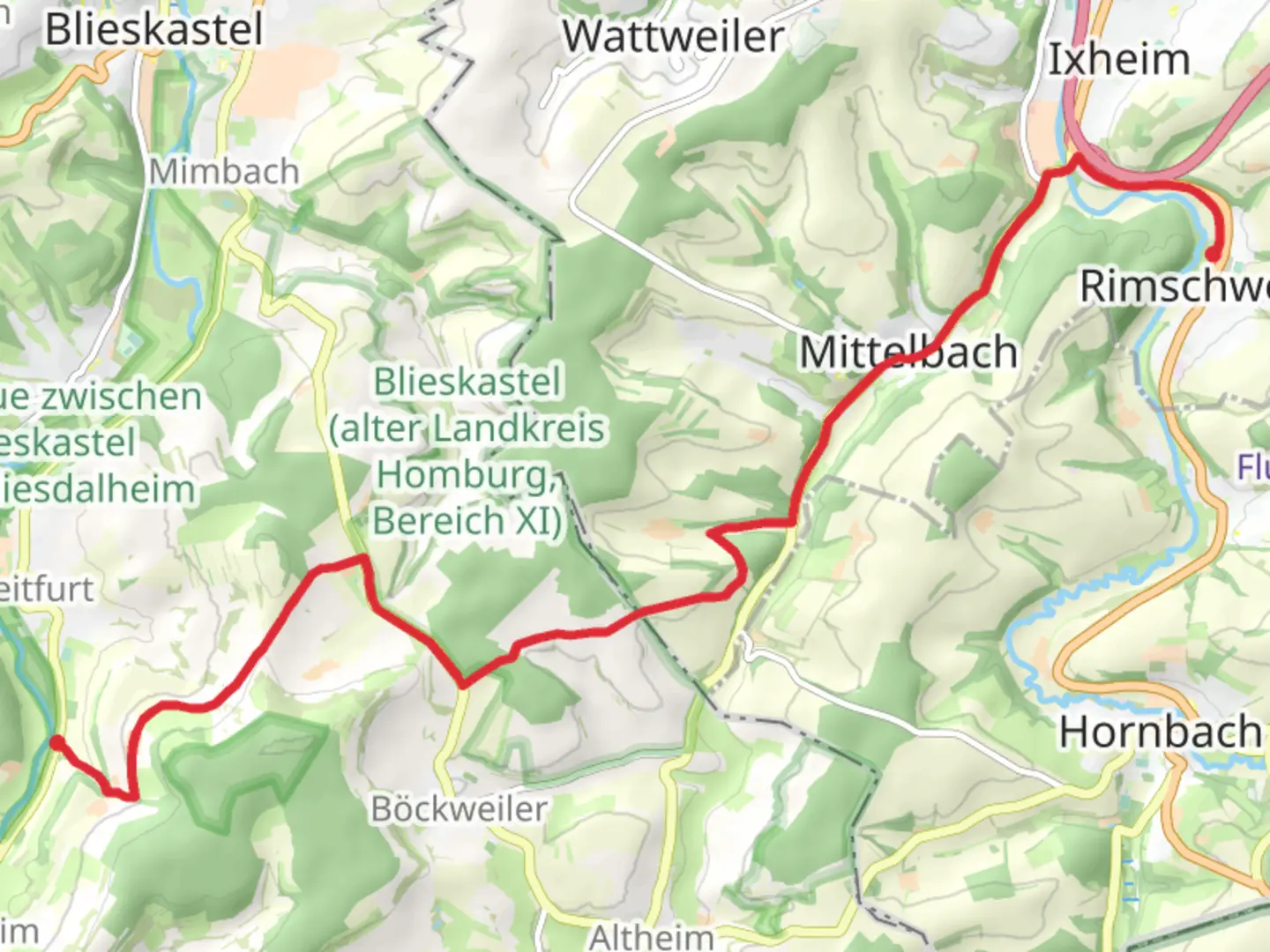 An image depicting the trail Breitfurt to Rimschweiler Walk and its surrounding area.