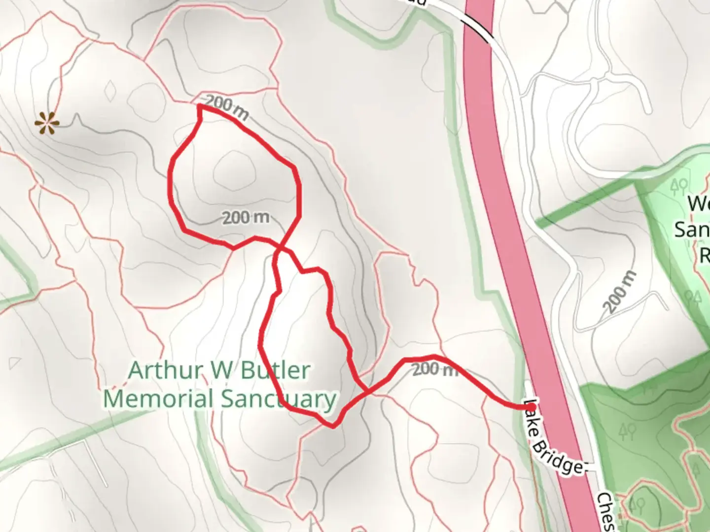 An image depicting the trail Butler Sanctuary Red - Blue Trail and its surrounding area.