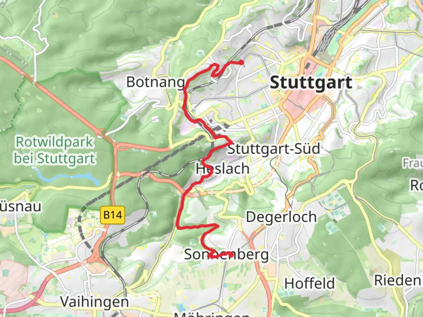 An image depicting the trail Sonnenberg to Hoelderlinplatz via Hundsklingenweg and Schwälblesklinge and its surrounding area.