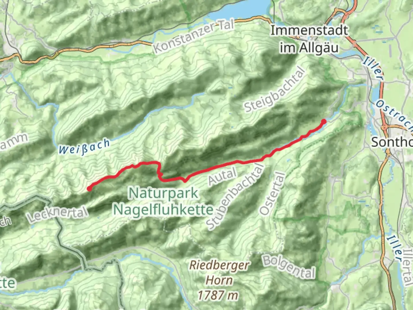 An image depicting the trail Bergrest Hochgratbahn to Gunzesried Walk and its surrounding area.