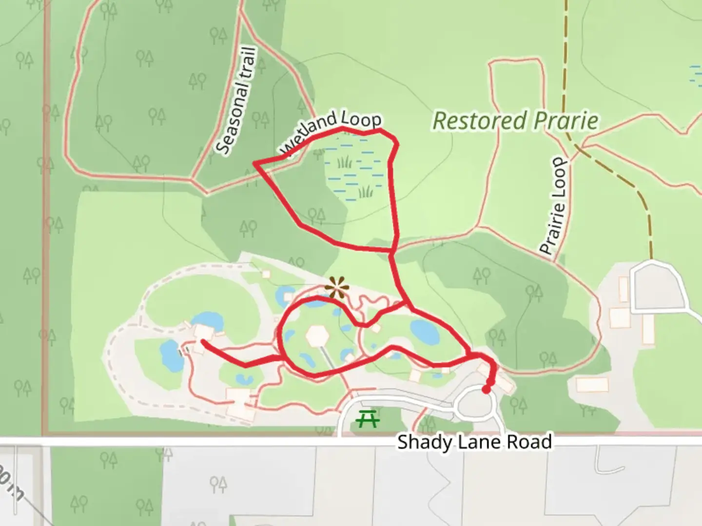 An image depicting the trail Shady Lane and Wetland Loop and its surrounding area.