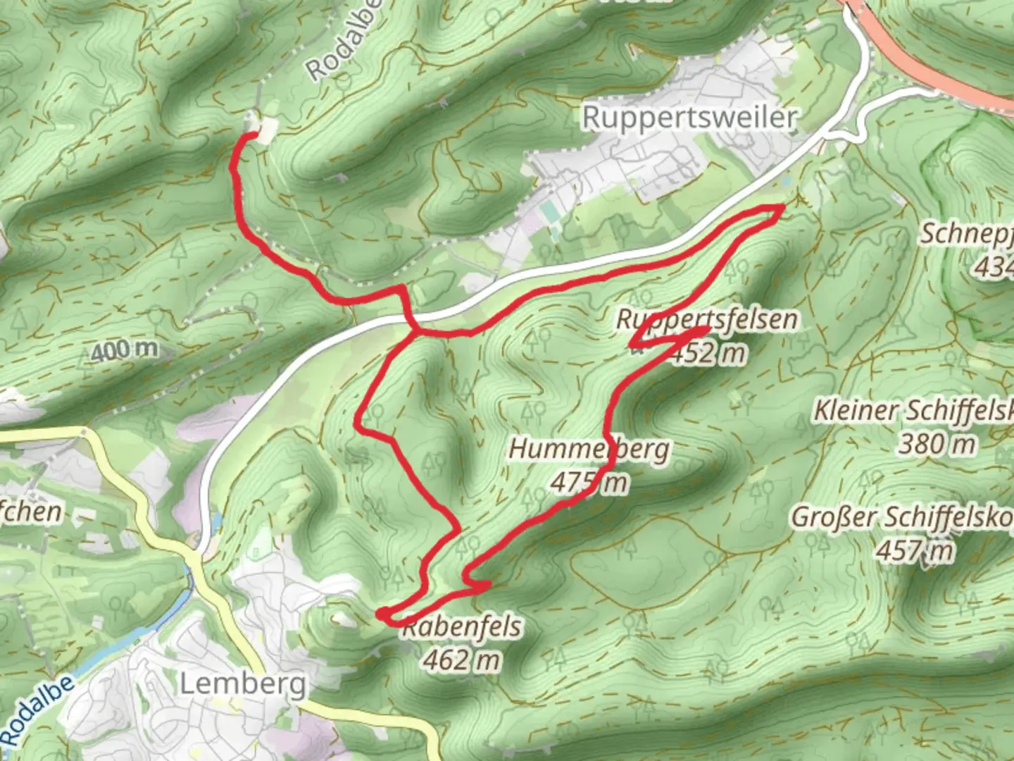 An image depicting the trail Ruppertsfelsen via Arius Tour and Pfaelzerwald Blau Roter Balken and its surrounding area.