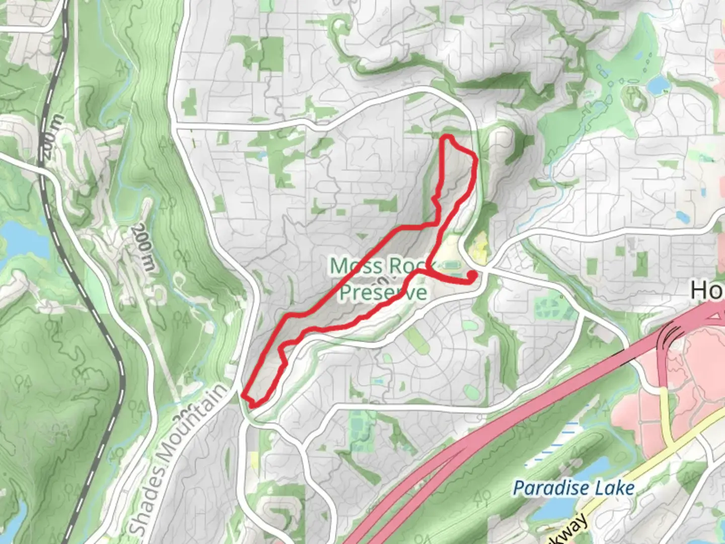 An image depicting the trail Moss Rock Preserve White and Powerline Loop Trail and its surrounding area.