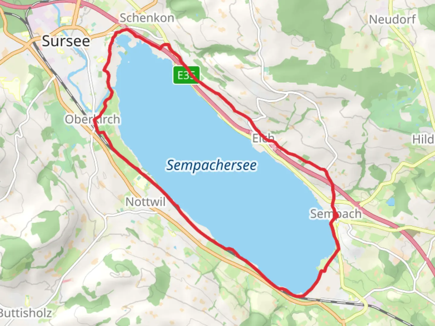 An image depicting the trail Lake Sempach Circular Path and its surrounding area.