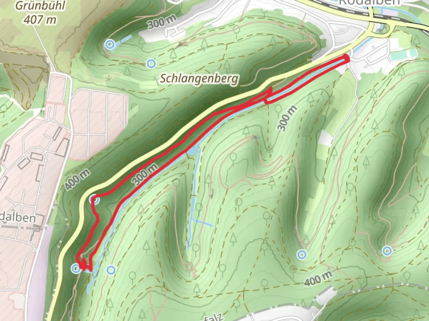 An image depicting the trail Rodalber Felsenwanderweg and Pfaelzerwald Gruener Balken Loop and its surrounding area.