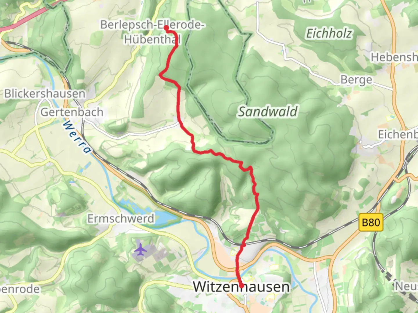 An image depicting the trail Berlepsch to Witzennausen via Werra Burgen Steig Hessen and its surrounding area.