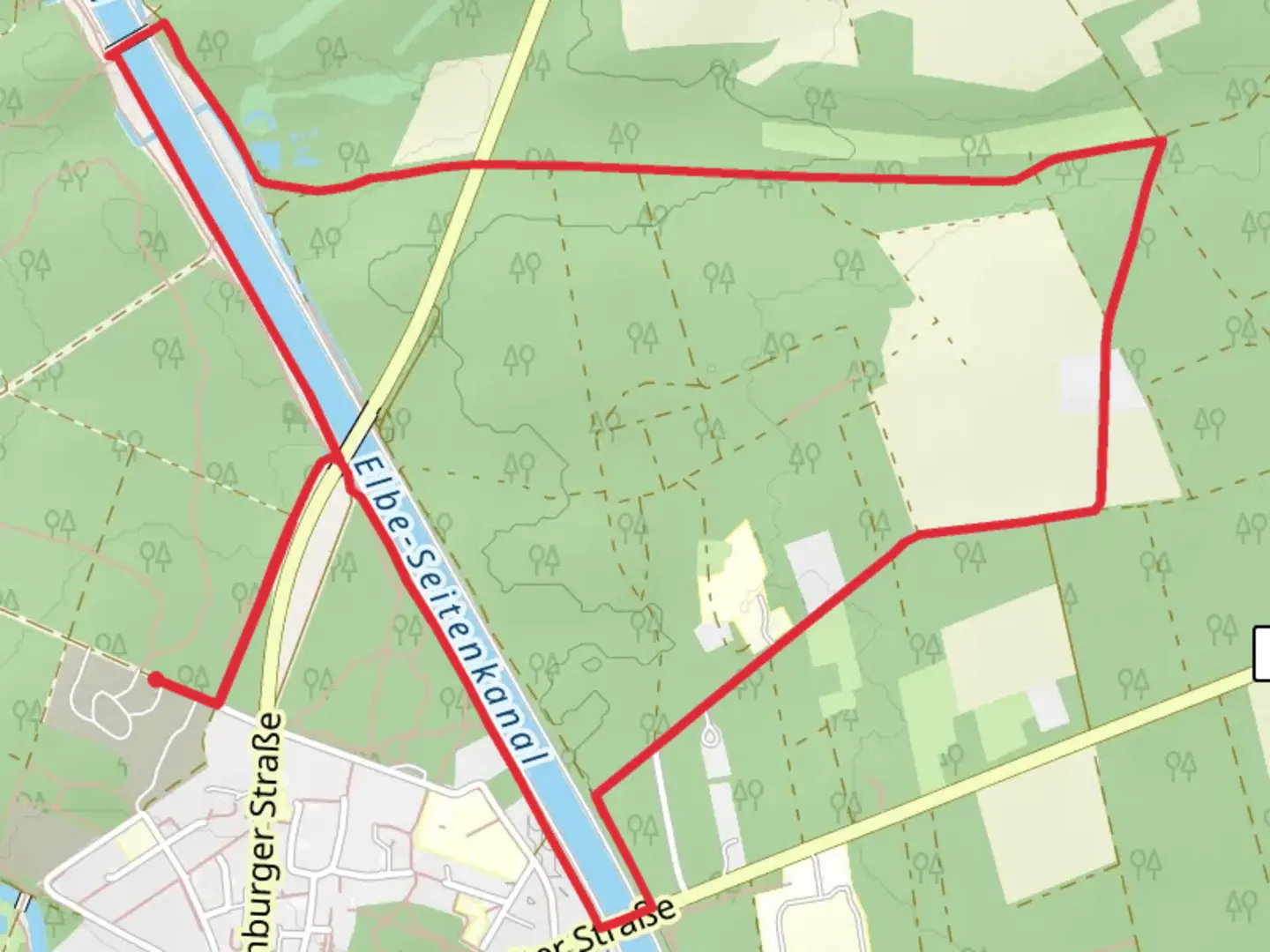 An image depicting the trail Elbe Seiten Kanal via Stecker Nr 6 and its surrounding area.