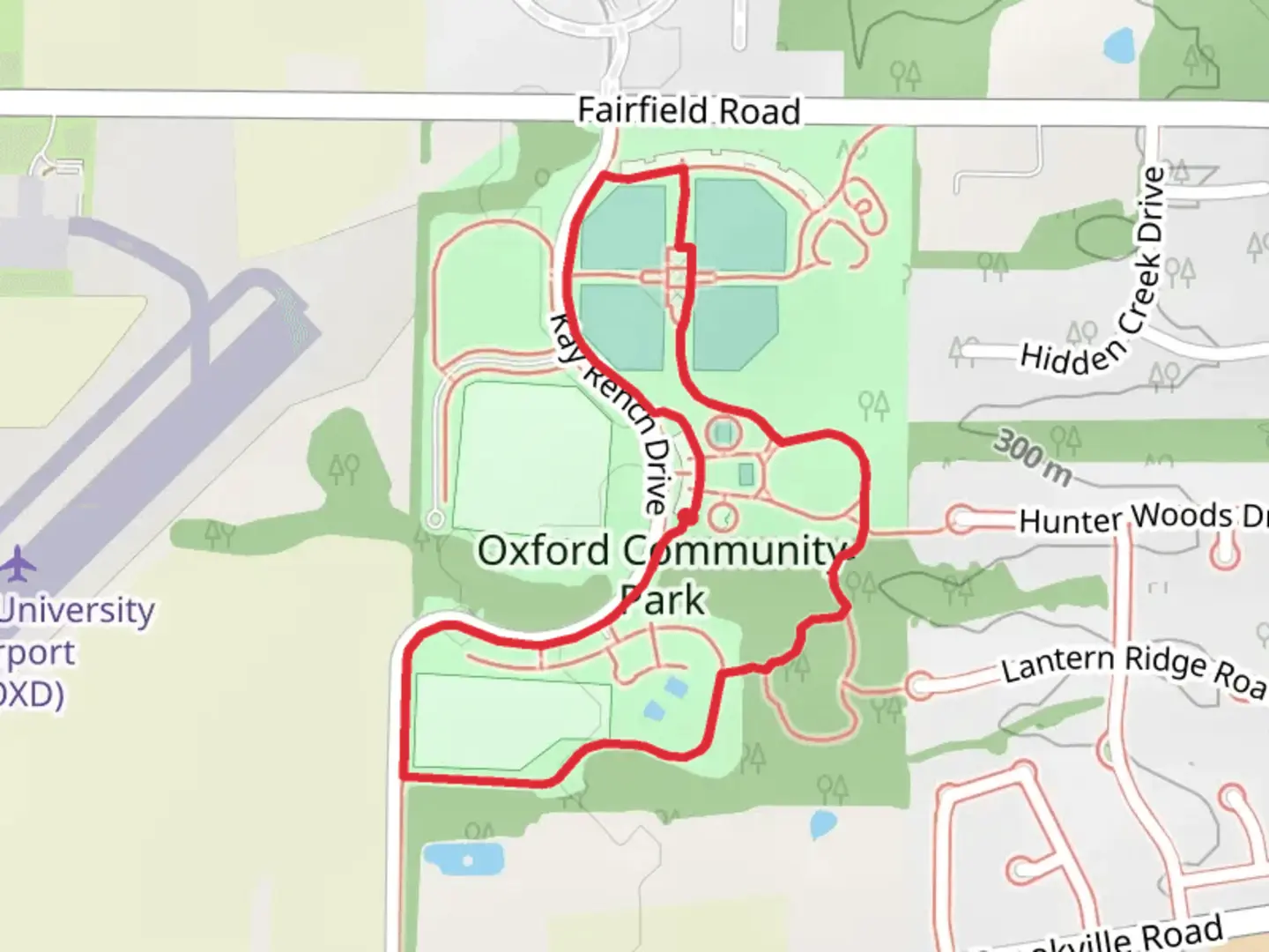 An image depicting the trail Oxford Community Park Loop and its surrounding area.