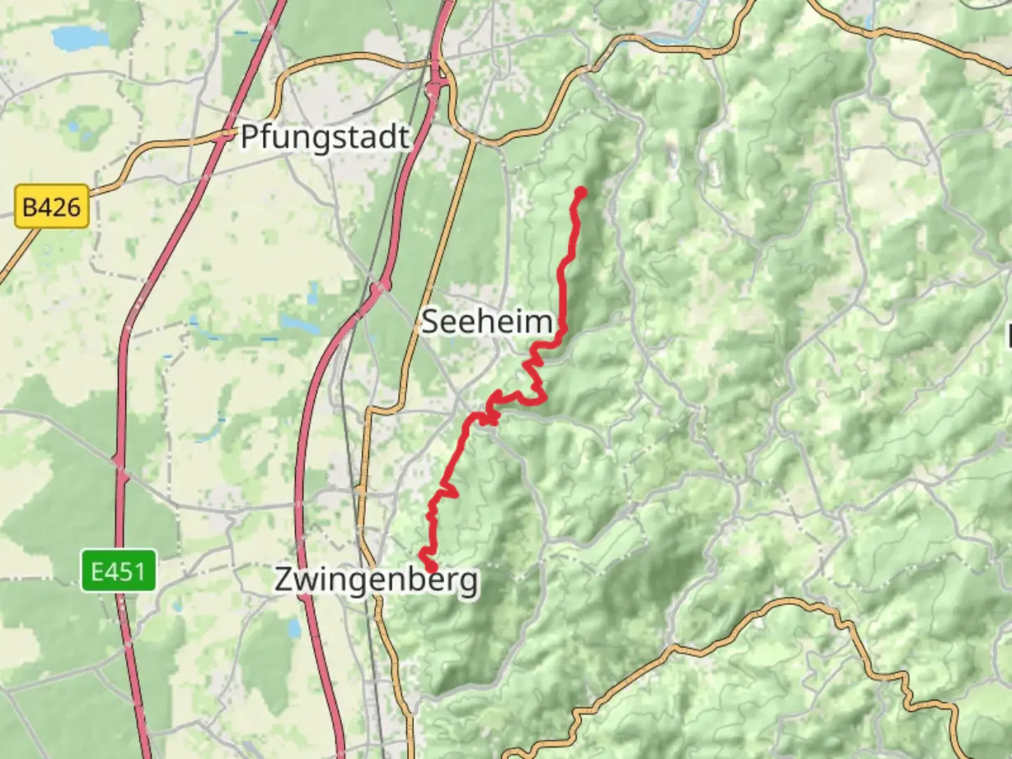 An image depicting the trail Zwingenberg to Burg Frankenstein Walk and its surrounding area.