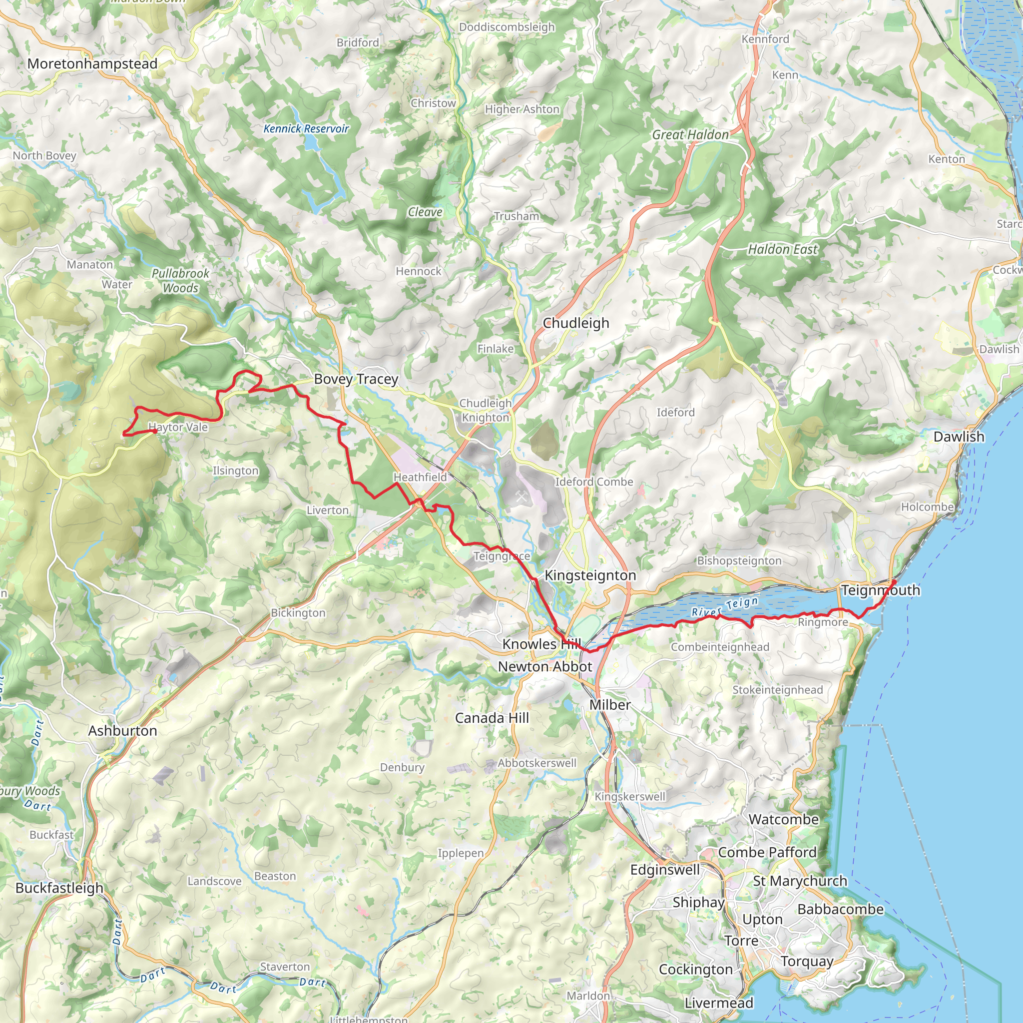 Haytor Granite Tramway and Templer Way along River Teign mobile static map