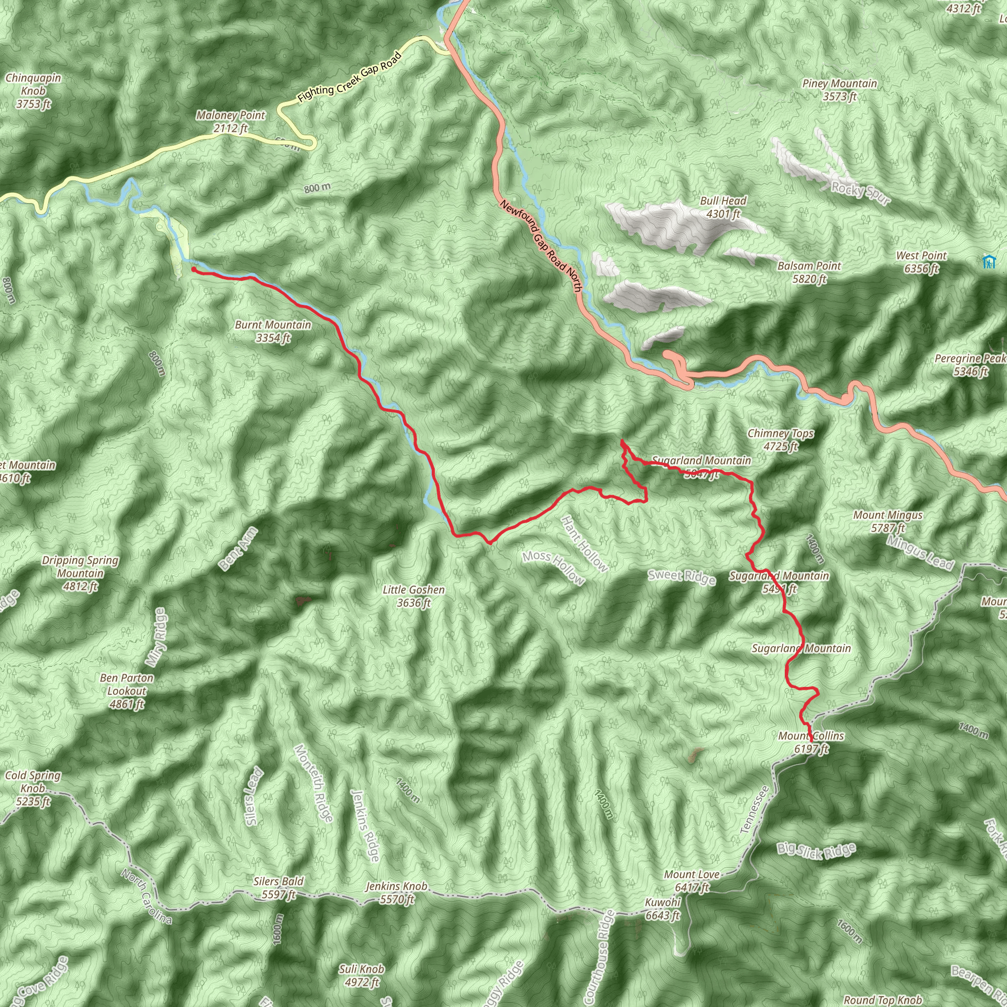 Sugarland Mountain and Mount Collins via Little River Trail mobile static map