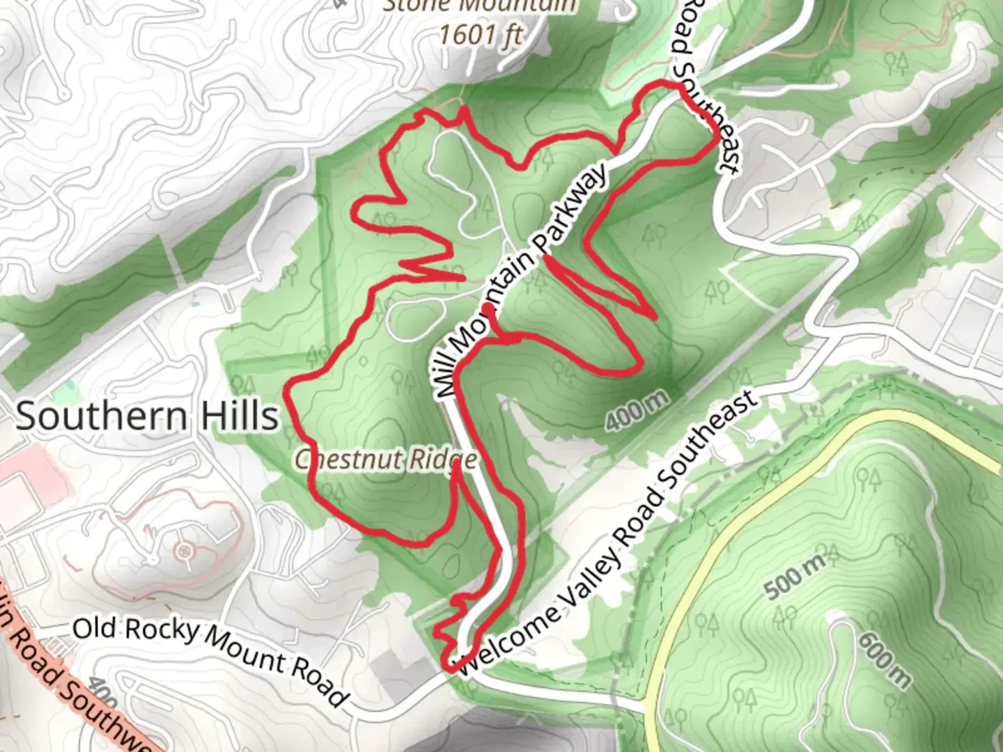 An image depicting the trail Chestnut Ridge Loop and its surrounding area.