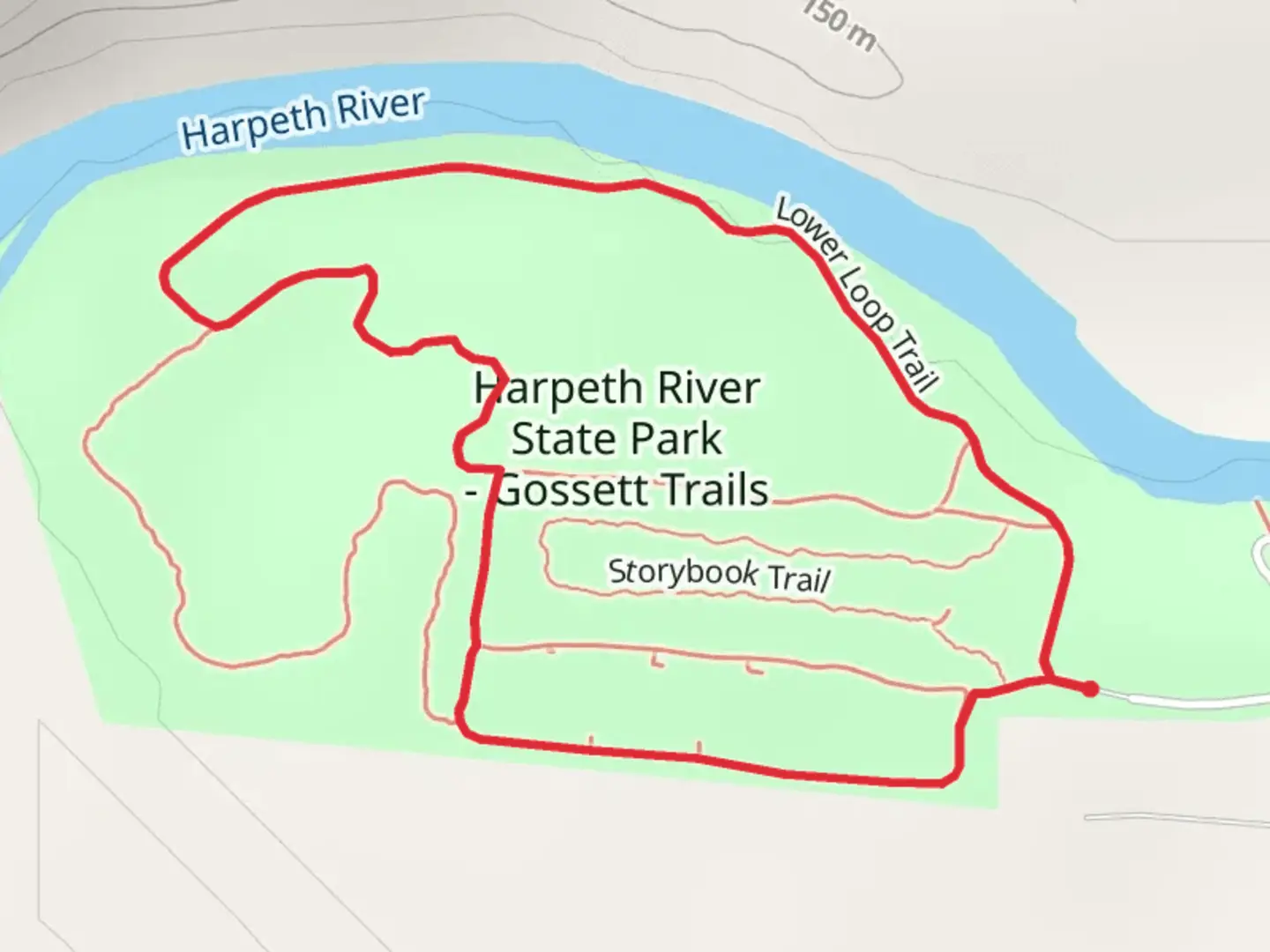 An image depicting the trail Harpeth River State Park Fitness and Lower Loop Trail and its surrounding area.