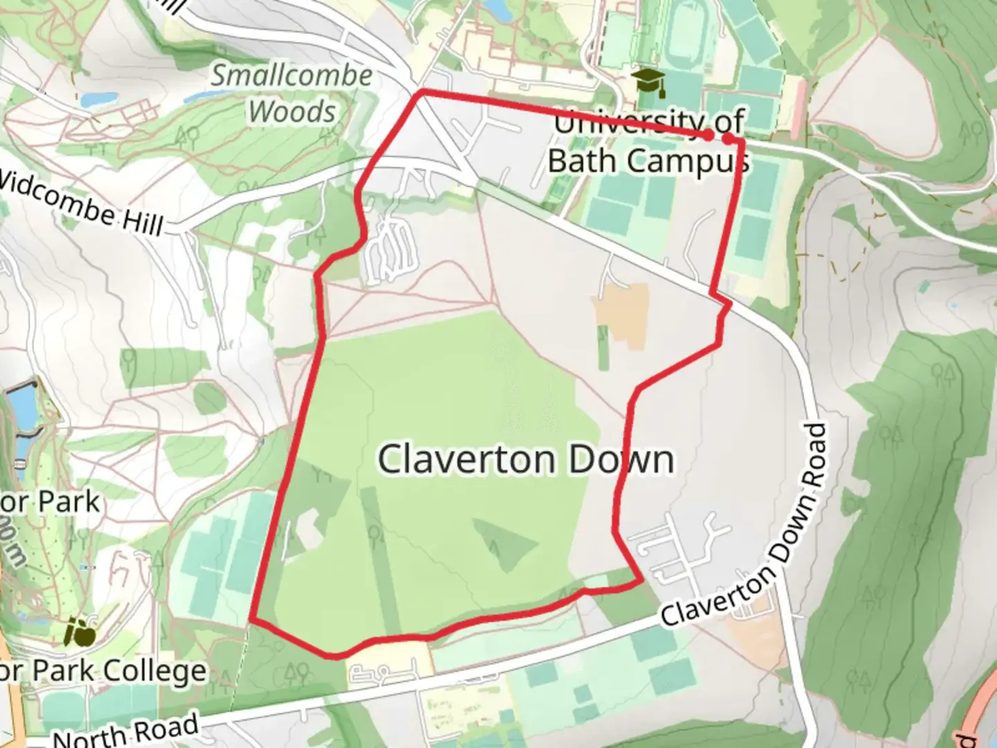 An image depicting the trail Claverton Down Loop and its surrounding area.