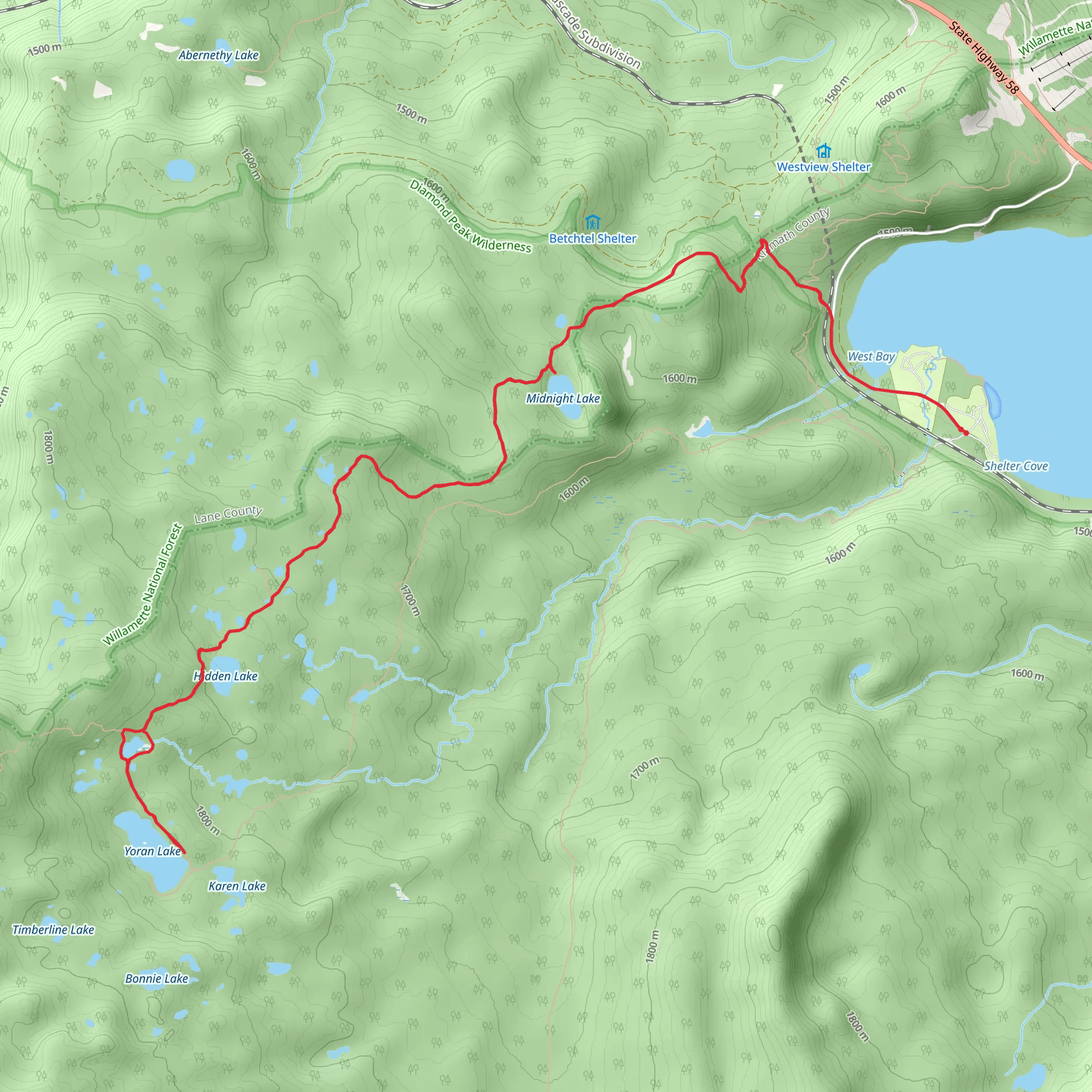 Yoran Lake, Midnight Lake via Pacific Crest Trail mobile static map