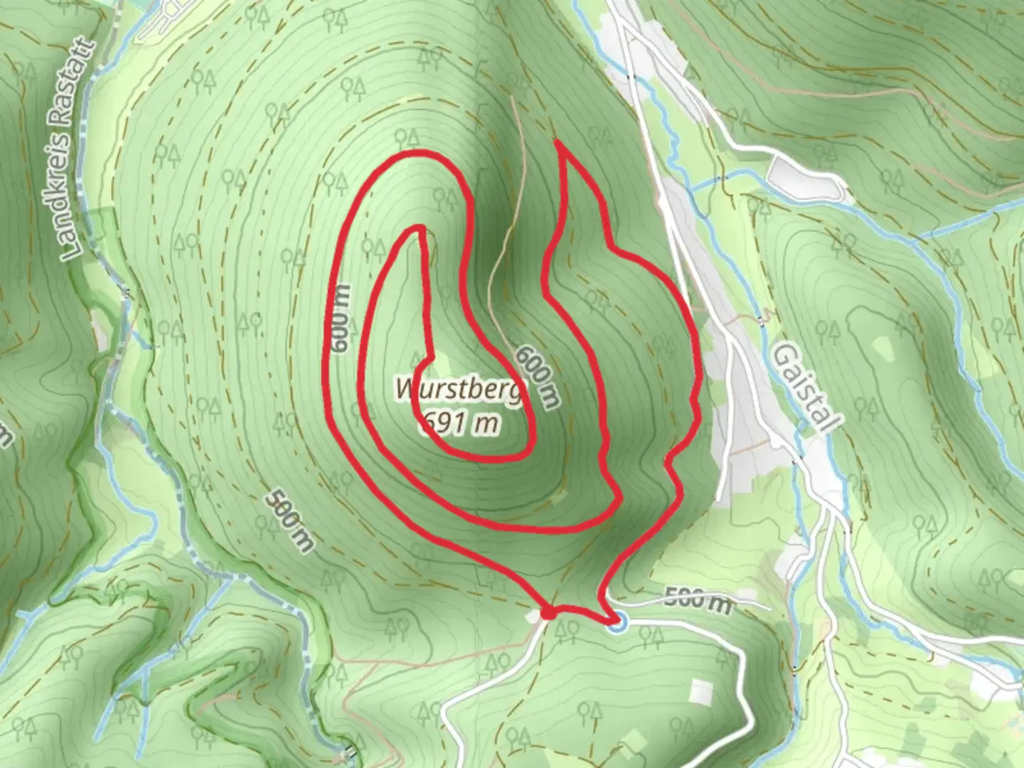 An image depicting the trail Wurstberg via Wurstbergkopfweg and its surrounding area.