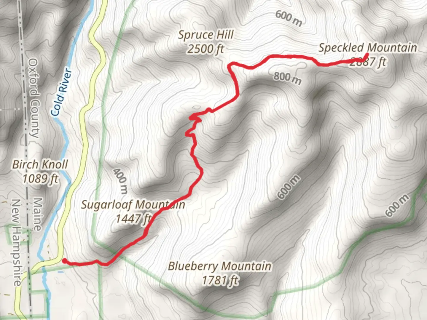 An image depicting the trail Speckled Mountain via Bickford Brook Trail and its surrounding area.