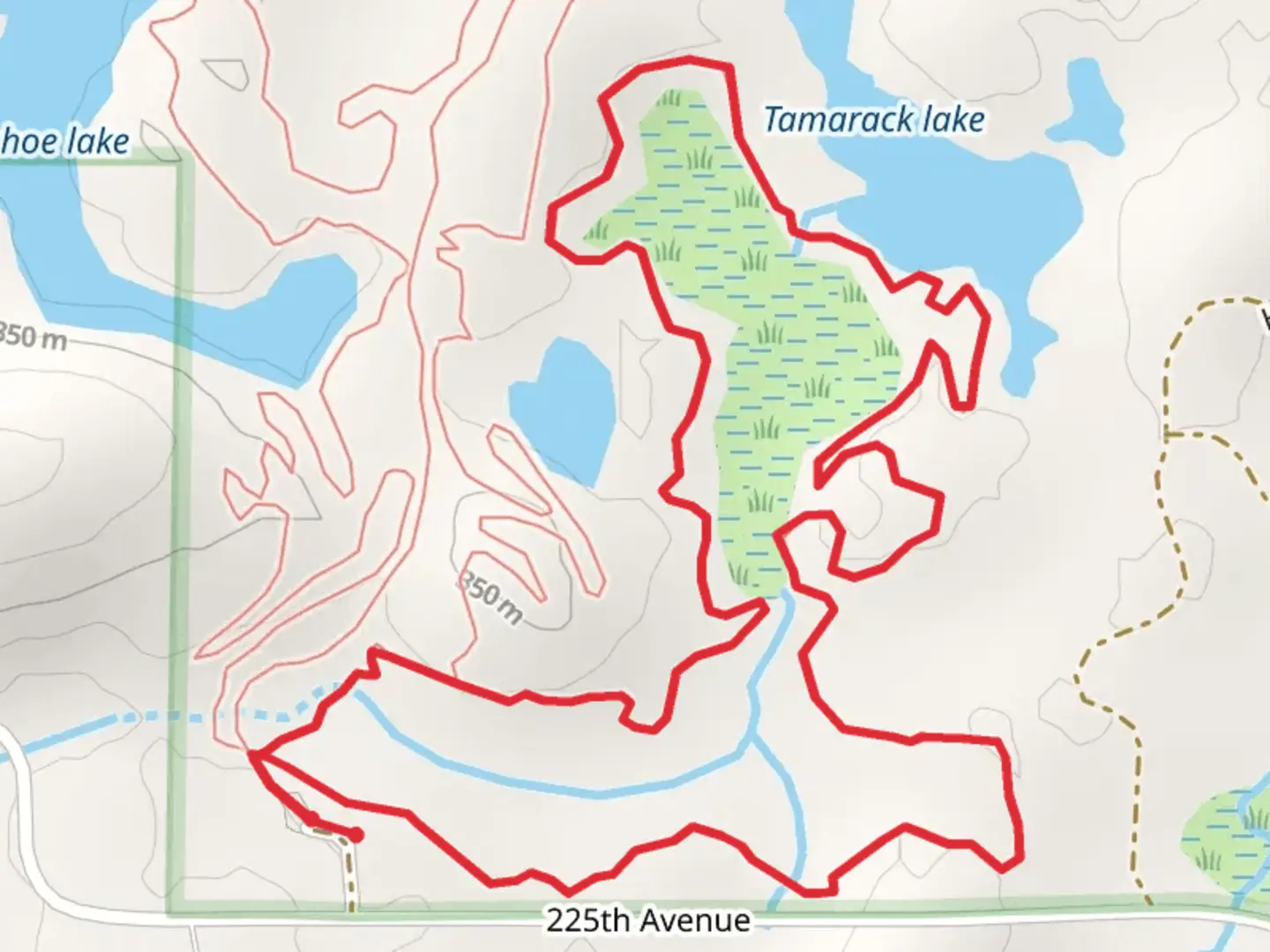 An image depicting the trail Tamarack lake and Trapper's Loop and its surrounding area.