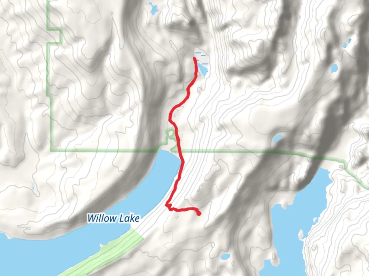 An image depicting the trail Snake Lake via WIllow Lake and its surrounding area.