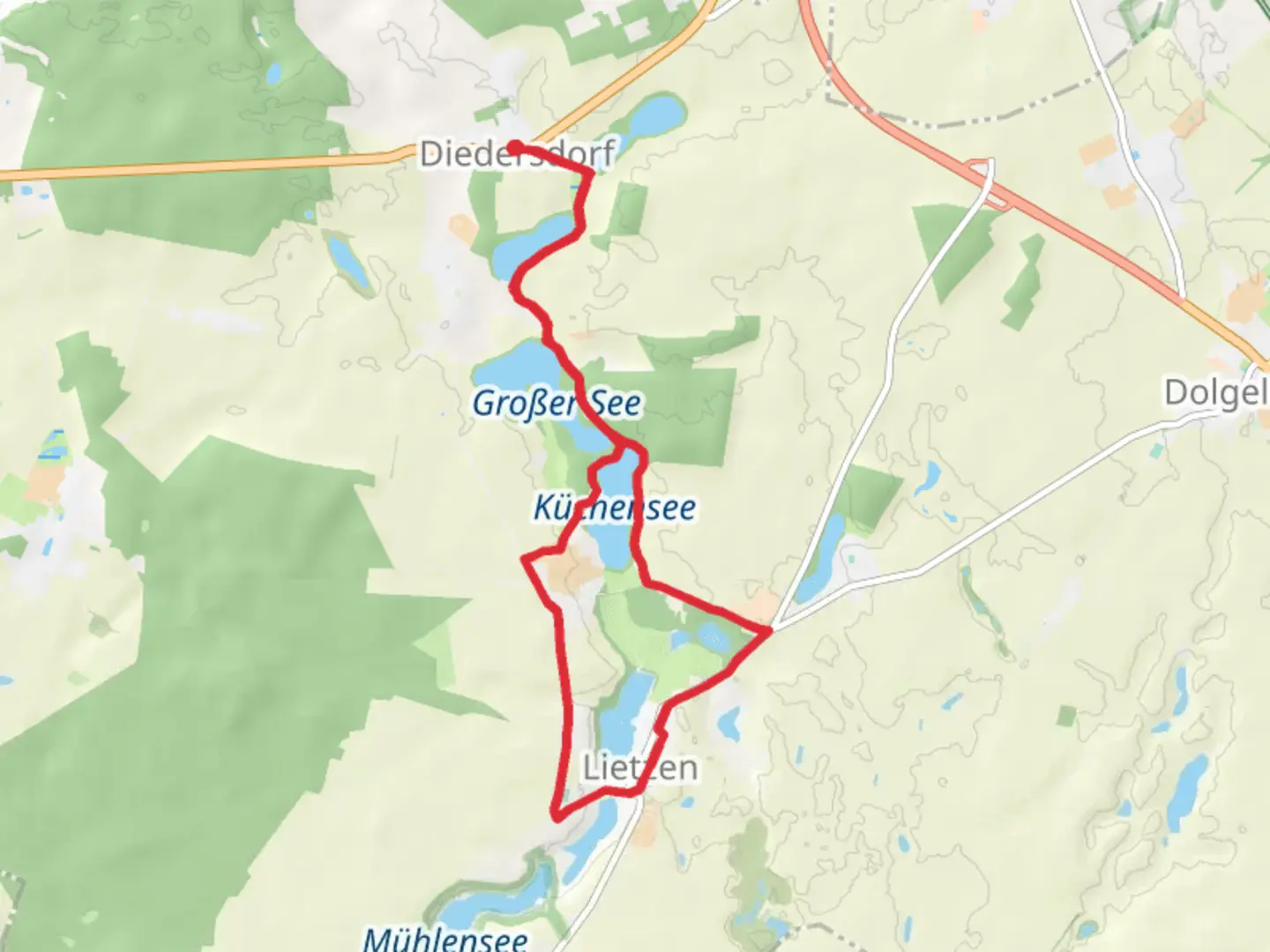An image depicting the trail Diedersdorf to Lietzen Loop via Kuchensee and its surrounding area.