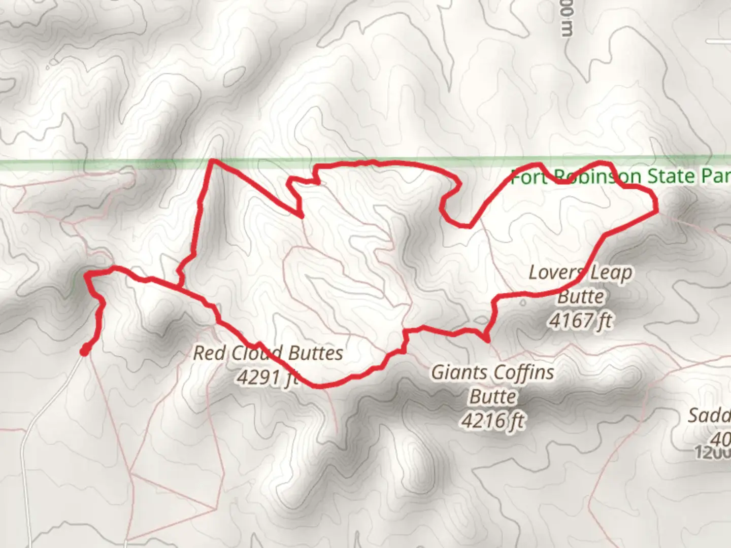 An image depicting the trail Butte Trail Ride and Red Cloud Butte Loop Trail and its surrounding area.